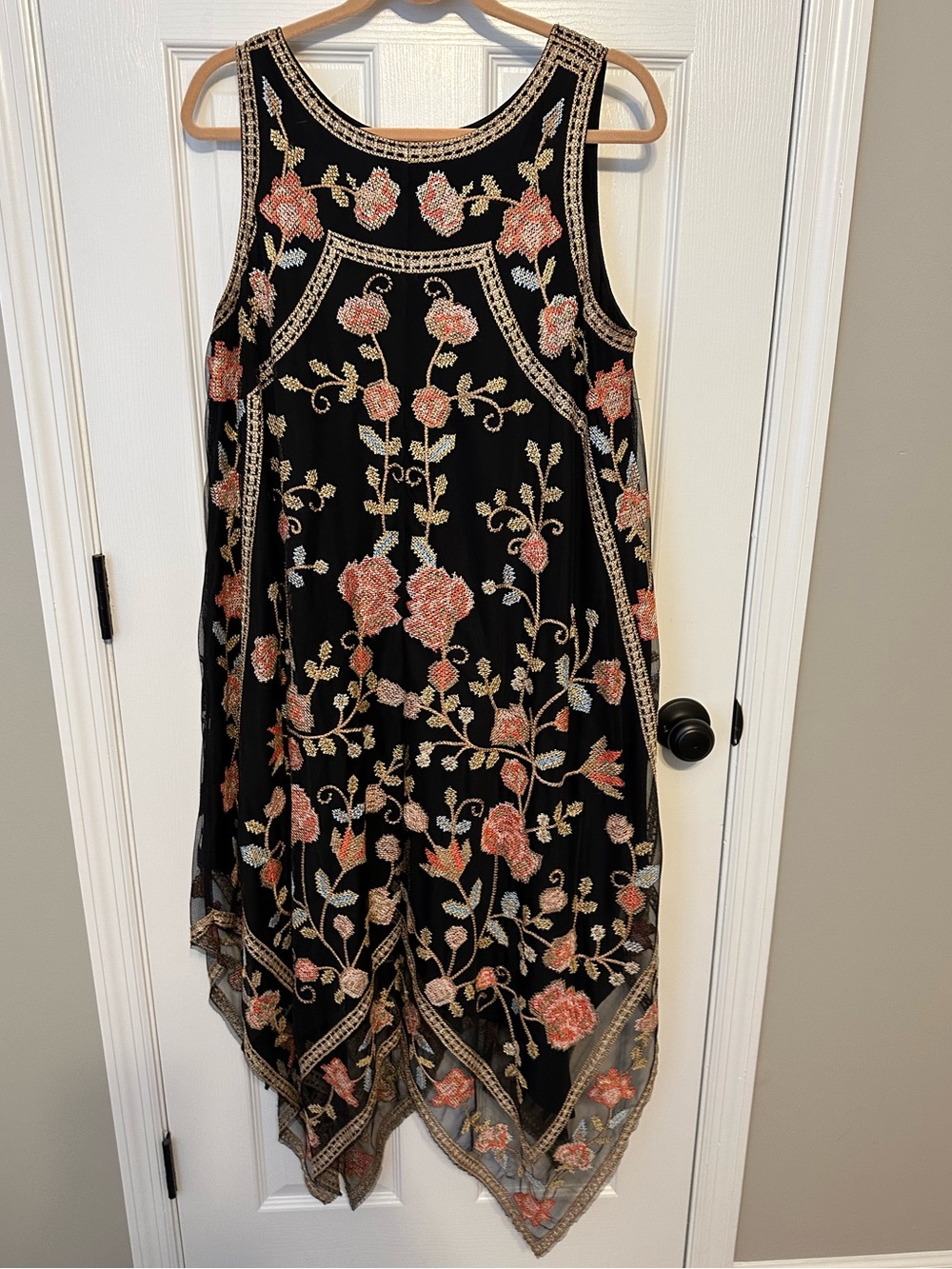Tolani for Anthropologie Black Floral Embroidered Handkerchief Hem Dress